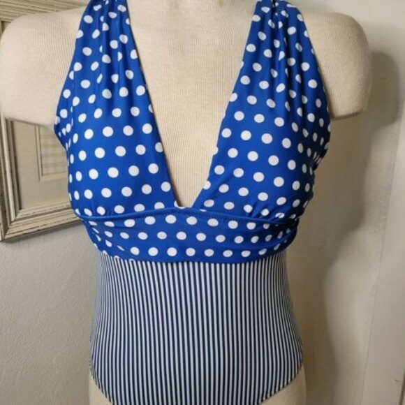 NWT Cupshe Large one piece swimsuit Blue poka dot stripe, adjustable vacation - Picture 2 of 10